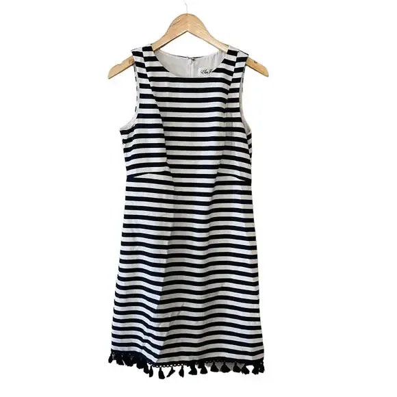 Eliza J Linen Blend Striped Tassel Hem Dress Size 6 NEW Blue White - Picture 2 of 10
